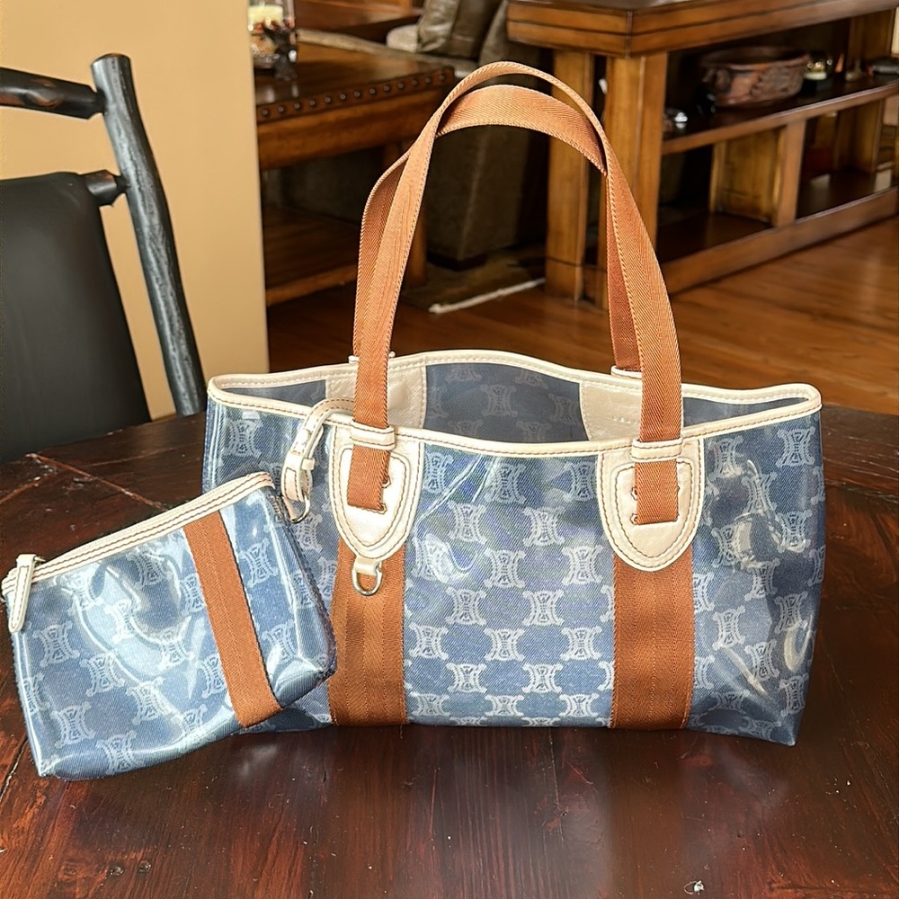 Celine Clear PVC Shoulder Tote Blue Pattern Brown Nylon Handle Zip Pouch Unisex